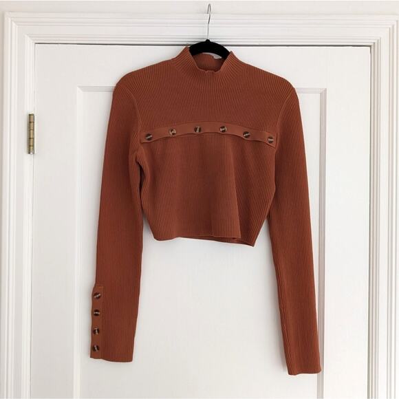 NWT Nicholas Juliet Brown Rib Knit Funnel Neck Top W/Buttons, size L - Picture 1 of 7